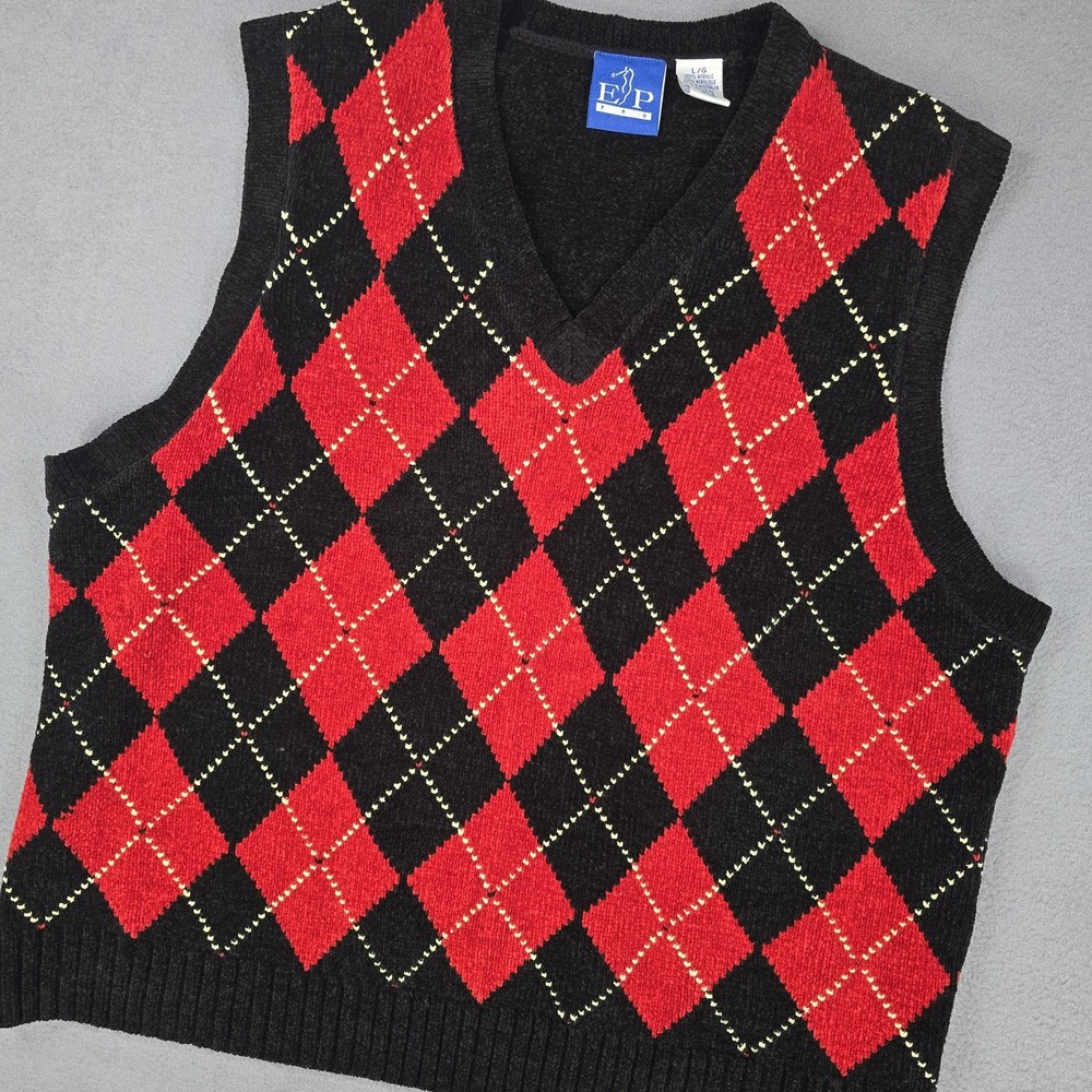 EP Pro Sweater Vest Womens‎ Large Black Red Argyle Knit V Neck Preppy Australia
